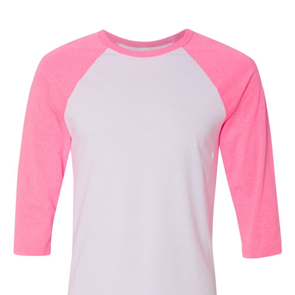 Bella + Canvas unisex 3/4 sleeve baseball raglan tee. Color: White/Neon Pink